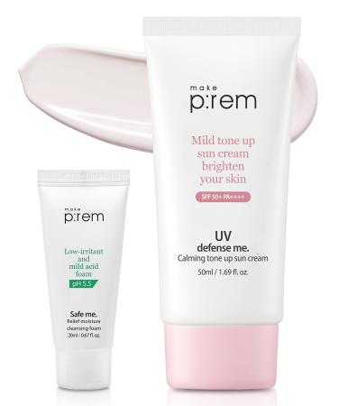 MAKEPREM UVA UVB Defense Me Calamine Calming Sun Cream SPF 50+ PA++++ 1.69 Fl Oz Korean Mineral Sunblock VEGAN Sunscreen Reef-safe Mild Non-Irritating Sensitive Acne-Prone Skin Non-Nano No Chemicals