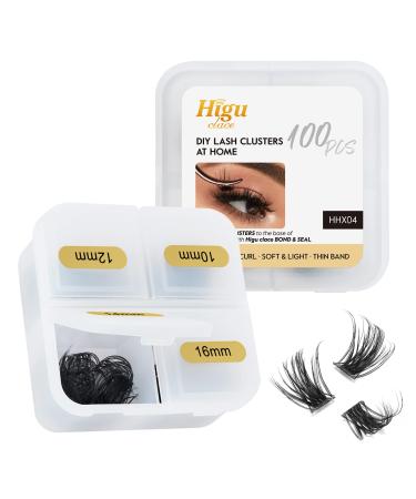 Lash Clusters DIY Eyelash Extensions 100 Pcs Cluster Eyelash Extensions 10/12/14/16mm Cluster Lashes Thin Stem Lash Clusters Eyelash Clusters Reusable Makeup for Self-application (HHX04 Mix10-16mm)