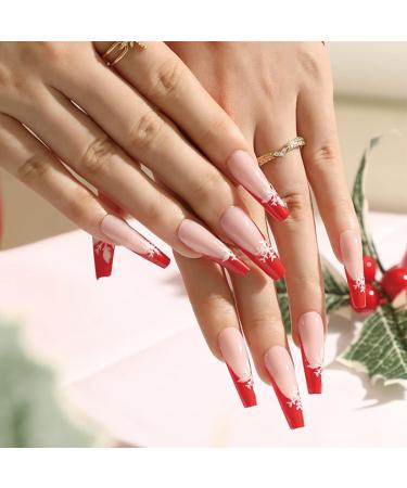 Vatocu Christmas False Nails - Long Xmas Press on Nails with Snowflakes Glitter - 24pcs Ballerina Acrylic Stick on Nails for Women and Girls - Buy Online on SooperMarket.com