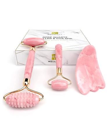 Rose Quartz Roller with Gua Sha, Mini Eye Roller set - Jade Roller for Face - Face Roller 100% Natural Authentic Crystal - Face Massager, Facial Roller for Skin Care, Eyes, Neck - Tones, Firms, Depuff
