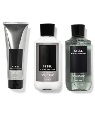 BATH AND BODY WORKS GIFT SET STEEL FOR MEN - Body Lotion - Body Wash & Body Cream - FULL SIZE