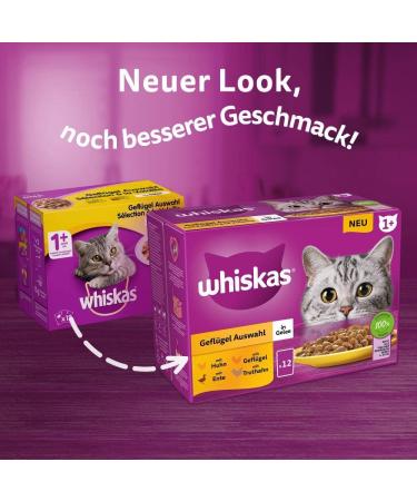 Whiskas 1+ Cat Food Poultry Selection in Jelly 12x85g | Premium Wet Food for Adult Cats - 48 Portions - Buy Online on SooperMarket.com