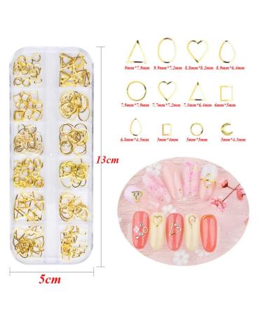 Aysekone 12 Grids Gold 3D Alloy Rivets Nail Charms Studs - Geometric Circle Heart Triangle Square Moon Nail Art Decorations - Buy Online on SooperMarket.com