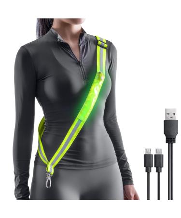 Todoxi LED Belt Reflective Sash for Walking at Night, High Visibility Adjustable Night Running Safety Gear Rechargeable LED Light Up Running Belt Reflective Gear for Runners Walkers Men Women green