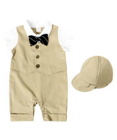 AmzBarley Baby Boys Gentlemans Outfit Suit Kids Long/Short Sleeve Dress Shirt Pants Vest Bowtie Tuxedo Rompers Childs Birthday Evening Holiday Party Khaki 104 18-24 Months