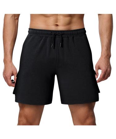 Ronony sport shorts jogging shorts men comfortable short trousers with bags and cord strain loose fit running shorts fitness outdoor summer cotton xxl 001#black