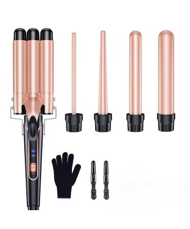 Waver Curling Iron Wand BESTOPE PRO 5 in 1 Curling Wand Set with 3 Barrel Hair Crimper for Women Fast Heating Hair Wand Curler in All Hair Type - Pink Gold