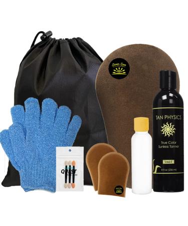 Tan Physics Self Tanner (11pc Deluxe Bundle) Tan Physics True Color Sunless Tanner - Travel Bag & Bottle  Gloves  Application Mitt & Detail Applicator Tanner + 10 Pc Bundle