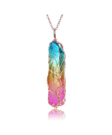 PESOENTH Tree of Life Rainbow Quartz Crystal Gemstone Reiki Healing Rock Raw Stone Chakra Pendant Necklace Women Rose Gold Wire Wrap Gemstone Necklace Jewelry Gifts