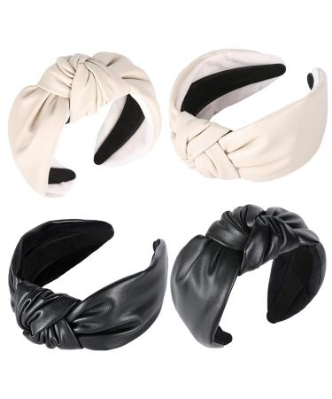 QIANXUAN Wide Cloth Headband Set for Women - 2Pcs Black Leather and Beige Top Knot Hair Bands - Buy Online on SooperMarket.com