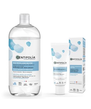 CENTIFOLIA | Neutral Micellar Water 500ml + Neutral Moisturizing Cream 40ml | Perfectly removes makeup | Immediately soothes sensitive skin | Unscented | Made in France | Organic & Vegan