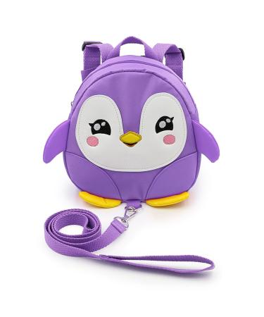 Hipiwe Baby Toddler Walking Safety Backpack Little Kid Boys Girls Anti-lost Travel Bag Harness Reins Cute Cartoon Penguin Mini Backpacks with Safety Leash for Baby 1-3 Years Old (Purple)