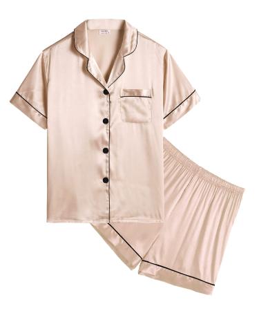 SWOMOG Kids Silk Pyjamas Girls Boys Short Sleeve Satin PJs Sets Button-Down Silky Nightwear Children Sleepwear Teens Age 4-16 12-13 Years Champagne