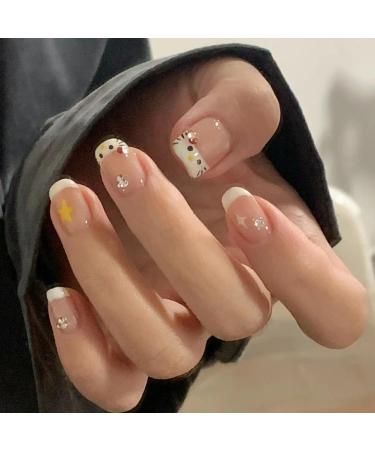 Cute False Nails French White Kitty Stick on Nails 24pcs Short Square Press On Nails with Glue Kitty Design Sweet Fake Nails for Kids Women Girls Maggidea Press On Nail (French Kitty)