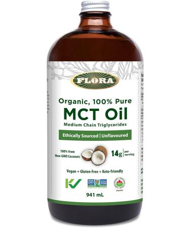 Flora Health MCT Oil 100% Pure Organic Energy Boost C8 Caprylic & C10 Capric Acids Ethically and Sustainably Sourced Coconuts Keto Kosher Non-GMO Verified 941 mL Liquid Glass Bottle - Buy Online on SooperMarket.com