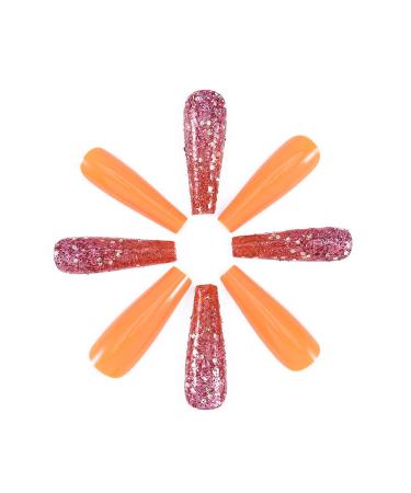 Brishow Long Coffin Fake Nails - Orange Acrylic Ballerina Stick-On Nails | 24PCs for Women & Girls - International Shipping - Buy Online on SooperMarket.com