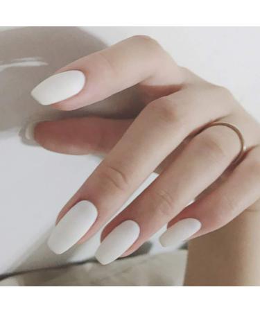 Handcess 24Pcs Ballerina Pure Color Matte Coffin Nails Full Cover Matte False Gel Nails Art Tips Sets (White)