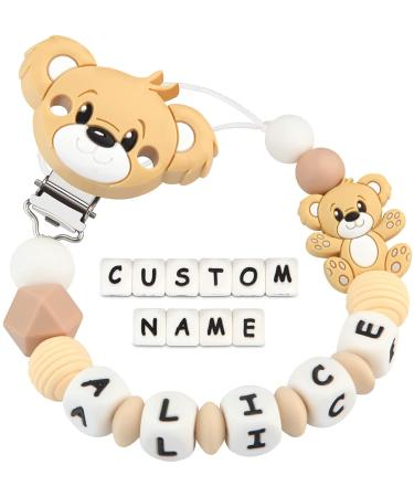 Kowlone Pacifier Chain with Name Boys Girls Personalized Teddy Bear Pacifier Clips Holder (Brown) A: Teddy Bear Brown
