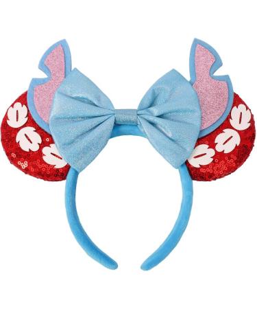 HXPLN Mouse Ears Headband Stitch Ears Glitter Headband for Adult Women Girls Parks Ears for Trips Party Cosplay Costume Accessories Blue&red