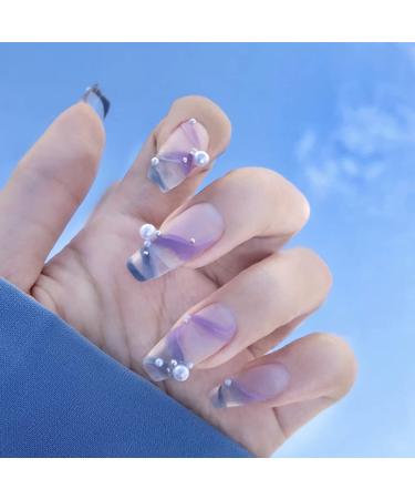 Pearl False Nails 24Pcs Purple Press on Nails Full Cover Medium Coffin Nails Art for Women Girls Party Salon