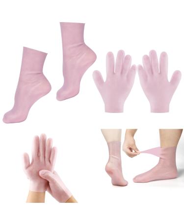 Moisturizing Socks & Gloves Set Silicone Moisturizer Socks Gel Gloves Long Spa Socks Soft Aloe Gel Socks Foot Gel Socks Gloves for Dry Cracked Feet Hands Softening Calluses Foot Care(Pink)