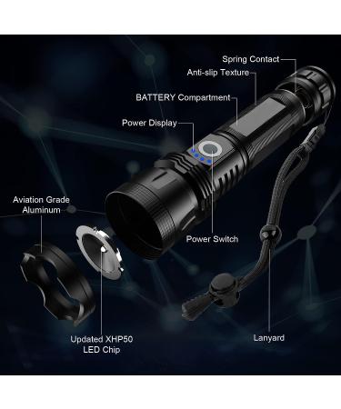 BERCOL Rechargeable LED Flashlight | 100000 Lumens Super Bright | Waterproof and 5 Modes | Ideal for Emergencies and Hiking | Black - Buy Online on SooperMarket.com
