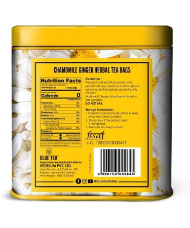 BLUE TEA - Chamomile Ginger Herbal Tea - 30 Tea Bags | CAFFEINE FREE | Gluten Free - Non-GMO | Eco-Conscious Tin Packaging - Buy Online on SooperMarket.com