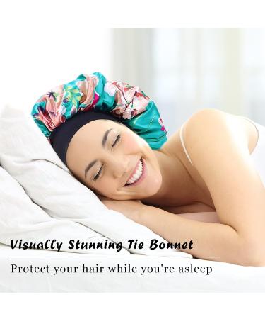 Satin Silk Double Layer Green Flower Hair Bonnet for Black Women - Large Silky Lined Sleep Cap for Curly Hair - Wide Band Strap - 1 Pc - Buy Online on SooperMarket.com