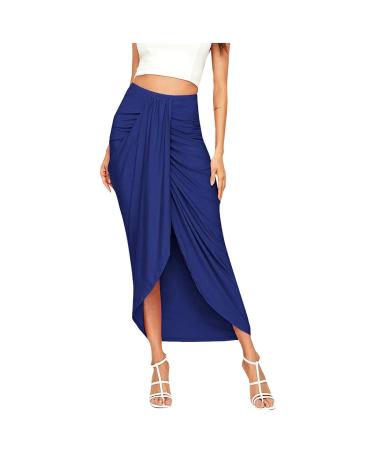 Sanahy Women's Casual Slit Wrap Asymmetrical Elastic High Waist Maxi Draped Skirt Casual Boho Summer Beach Midi Wrap Skirts Blue L