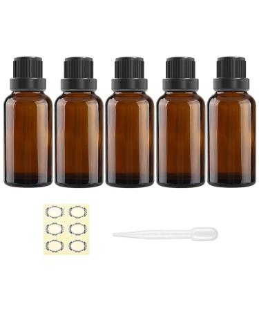 Alledomain 5Pcs 30ml Amber Glass Essential Oils Bottles with Black Cap/Dropper/Label Empty Bottle Refillable Sample Container for Massage oil/Aromatherapy/Perfume/Fragrance Oil 5pcs * 30ml