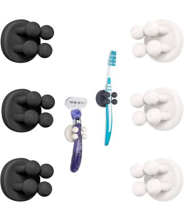 Tecbull Funny Hooks toothbrush holder razor holder shower razor bracket without drilling toothbrush bracket Self -adhesive clamping holder for toothbrushes (6x black/white + 6x replacement glue pad) 3x black + 3x white