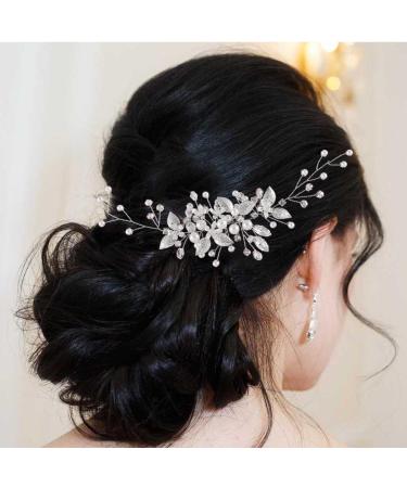 Handcess Leaves Bride Wedding Headband Silver Pearls Crystal Headpieces Rhinestone Bridal Hair Accessories for Bride and Bridesmaids