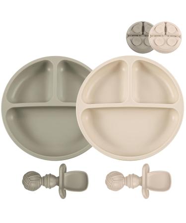 Lanjue 2 Pcs Baby Suction Plates Silicone Baby Weaning Plates Non Slip Divided Baby Dishes with 2 Pcs Spoons for Toddler Kids Self Feeding fits Most Highchairs Trays