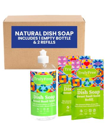 Truly Free Natural Dishwashing Liquid | Plant-Based Dish Soap | Sweet Basil Fresh Scent | 2 Refill Packs with 1 Empty Refillable Squeeze Bottle (16 Oz) Starter Kit