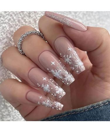 Vatocu Christmas False Nails Long Xmas Press on Nails Snowflakes Glitter Fake Nails Ballerina Acrylic Stick on Nails for Women and Girls(24pcs)