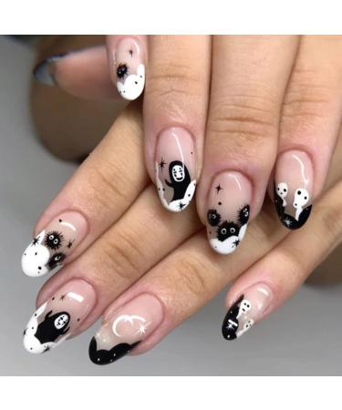 Aksod Ghost Press on Nails Short Glossy Virus Fake Nails Almond Cartoon Print Designed False Nails Tips Full Cover Cute Halloween Easter Festival Artificial Nails Sets for Women and Gilrs 24Pcs (Style G)