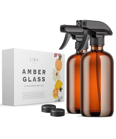 LiBa Amber Glass Spray Bottles 2 Pack, 16 oz Refillable Empty Spray Bottle for Cleaning, Essential Oils, Hair, Plants, Adjustable Nozzle for Squirt and Mist, Bleach/Vinegar/Rubbing Alcohol Safe