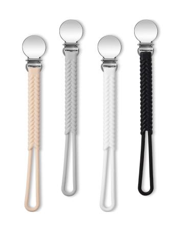 4 Pieces Silicone Pacifier Clips Teething Ring Pacifier Holder Flexible Baby Pacifier Clip for Baby Teething Toy Boys and Girls (Black  White  Gray  Yellow)