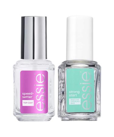 Essie Nail Polish Base Coat Hardening Strong Start with Biotin Transparent Colour + Essie Nail Polish Top Coat Fast Drying Finish Bright Transparent Colour