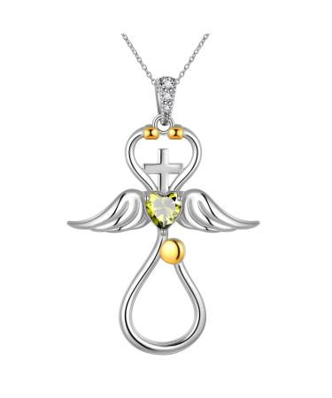 Cute Cat Necklace with Sparkling Zirconia Crystal Birthstone Pendant Necklace for Girls Womens White Gold Over 925 Sterling Silver Animal Necklace Birthstone Jewelry Sweet Present Girlfriend Sisters E Peridot Pendant