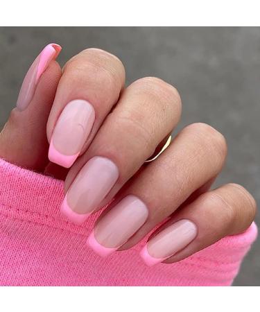 RikView Press on Nails French Acrylic Nails Medium Length Square Fake Nails Nude Press on Nails (Pink)