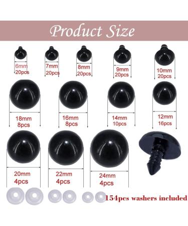 154pcs Black Solid Plastic Safety Eyes with Washers for DIY Crafts - Teddy Bear Dolls, Plush Animals, Puppets - 1Box - 12 Sizes - Buy Online on SooperMarket.com