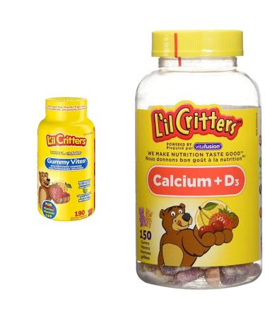L'il Critters GummyVites Kids Complete Multivitamin Gummies 11 Essential Nutrients 5 Delicious Flavours 190 Count & Calcium + D Kids Vitamin Gummies 3 Delicious Flavors 150 Count