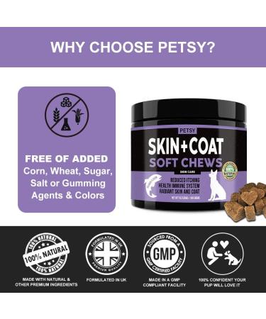 Petsy Skin & Coat Supplement for Dogs - Vitamin C, E, Zinc, Biotin, Omega 3 - Supports Healthy & Shiny Coat, Rejuvenates Skin, Natural Relief for Itchy Skin - Daily Use - Buy Online on SooperMarket.com