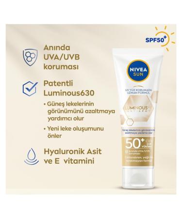 Nivea Sun Anti-Pigment Spots Sunscreen SPF 50+ | Moisturizing Non-Fatty Face Sunscreen | UV Protective Luminous630 | 40ml - Buy Online on SooperMarket.com
