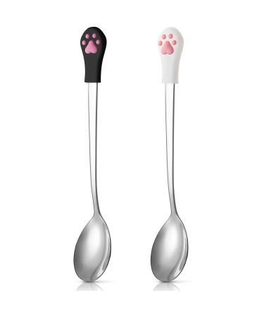 2 Pieces Dog Cat Spoon Pet Can Spoon Stainless Steel Pet Food Spoon Cat Claw Spoon for Dog and Cat Food Can, White and Black