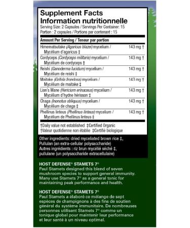 Host Defense Stamets 7 Mushroom Capsules Daily Immune Support & Energy with Organic Mycelium Blend Immune Support Blend with Lion's Mane Chaga Cordyceps Reishi Maitake Mushroom Turkey Tail Mushrooms Supplement Certified Organic Vegetarian Capsules Stamets - Buy Online on SooperMarket.com