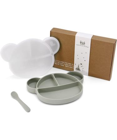 Suction Silicone Baby Plate with Lid, Spoon & Divided Sections - BPA Free & Dishwasher Safe - Toddler Self Feeding Dinnerware Set in Light Green - Buy Online on SooperMarket.com