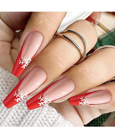 Vatocu Christmas False Nails Long Xmas Press on Nails Snowflakes Glitter Fake Nails Ballerina Acrylic Stick on Nails for Women and Girls(24pcs)