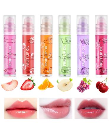 AOOWU 6 Pcs Hydrating Lip Oil Set Fruit-Flavored Plumping Lip Oil Long Lasting Lip Glow Balm Lip Care Transparent Moisturizing No-Sticky Lip Gloss(Peaches Orange Avocado Strawberry Grape Cherry)